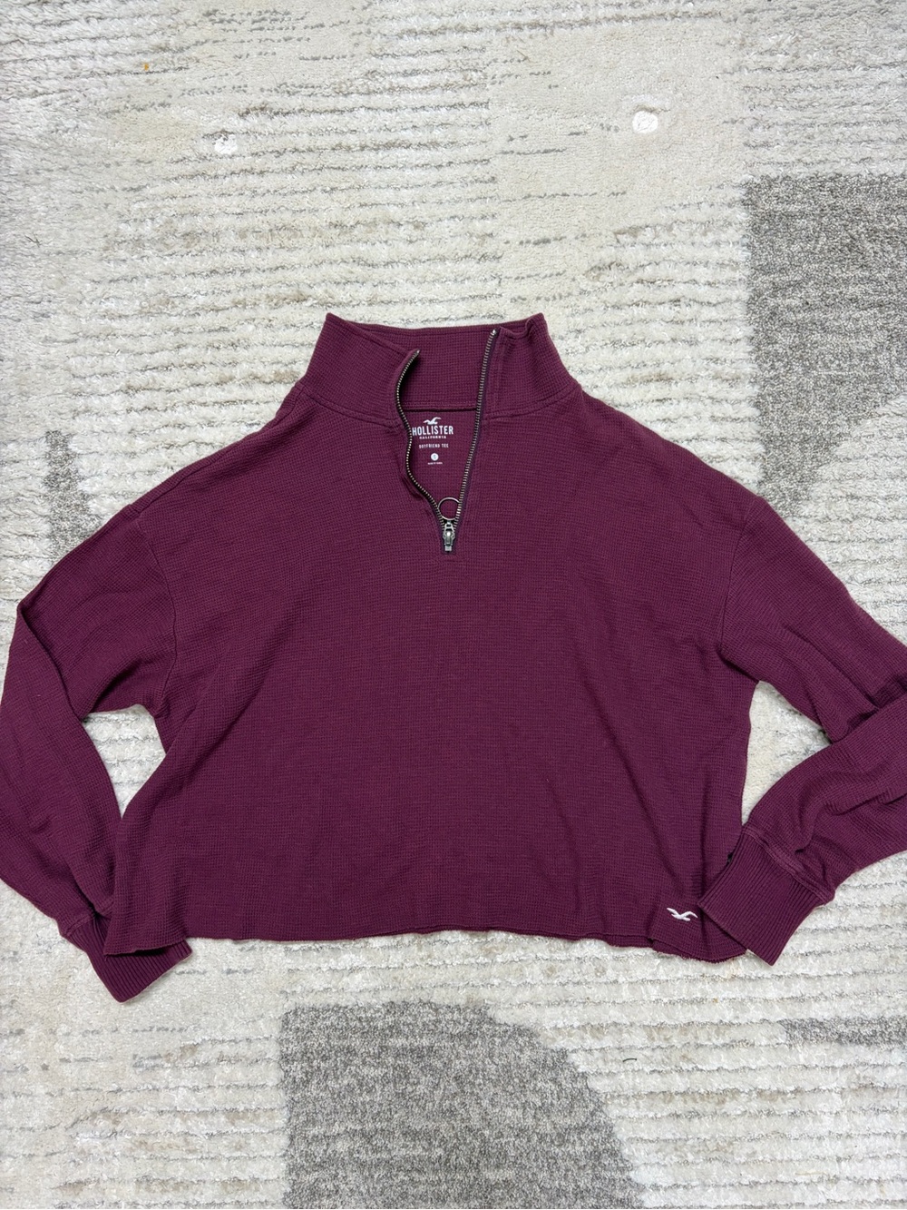 Hollister Women's Burgundy Quarter-Zip Waffle Knit Pullover